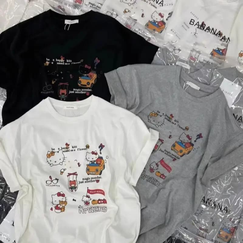 T-shirt Donna Estiva 2026 Hello Kitty Nuova Collezione Casual Morbida con Stampa Cartoon Girocollo Manica Corta Versatile e Carina
