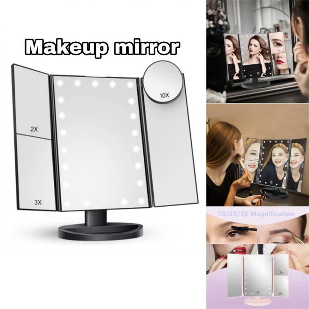 Bathroom Folding Makeup Mirror, 2X 3X Magnifying Glass with 10X Small Round Mirror, 22 LEDs Adjustable Lighting Portable Mirror