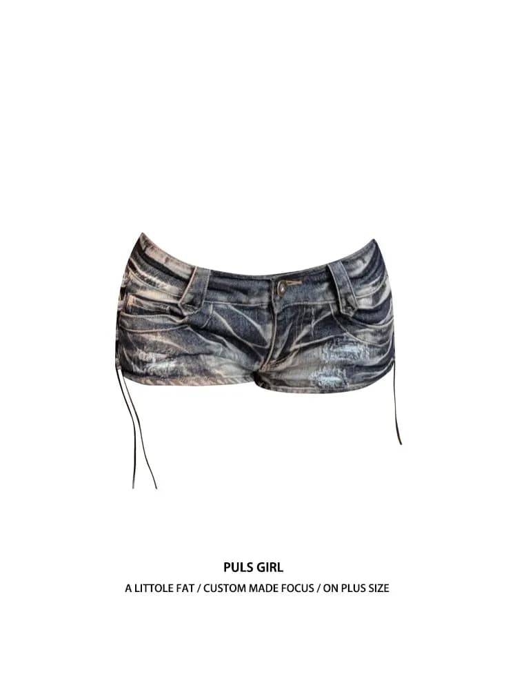Shorts in denim a vita bassa da donna, nuovo stile estivo, stile americano Hot Girl, lavaggio sbiadito, con laccetti, a forma di pera, di tendenza