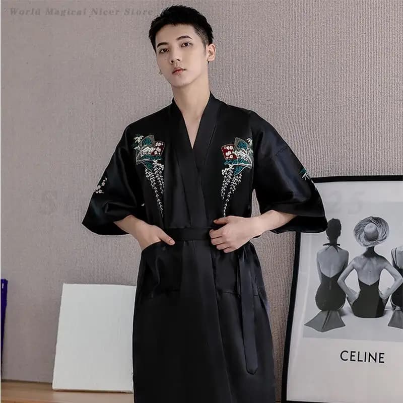 Men's Kimono Spring Summer Nightwear in satin Trained Comfortable Nightwear Man's Dresses Mid Length casual pajamas