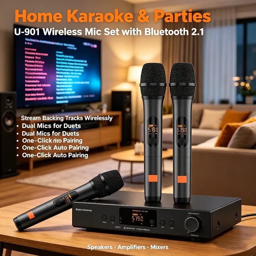 UHF Wireless Microphone Set Dual Channel BT2.1 30m Range Swappable AA Battery Dynamic For Karaoke Live Streaming Mixer Hot Sale
