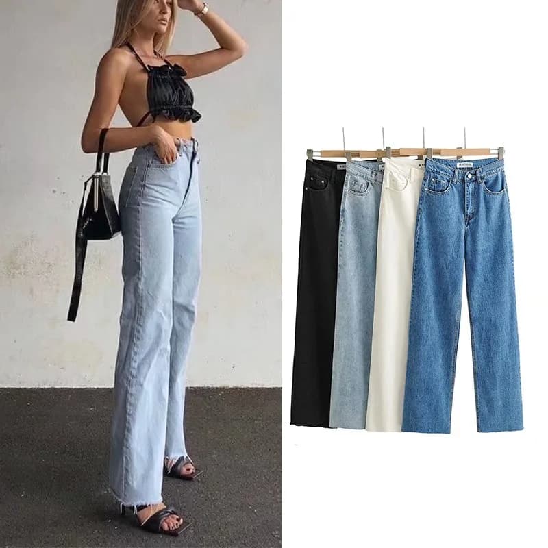 Jeans a vita alta da donna 2025 Primavera Autunno Gamba dritta rilassata Orlo grezzo Lunghezza pavimento Uniforme quotidiana di ispirazione vintage
