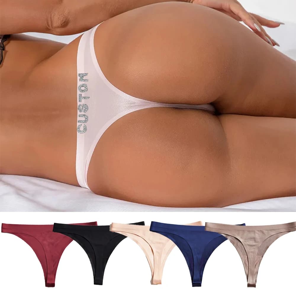 Perizoma personalizzato Mutandine da donna 2 pezzi / set Lettere di cristallo fai da te Nome Biancheria intima traspirante sexy Catene per il corpo Regali di gioielli personalizzati