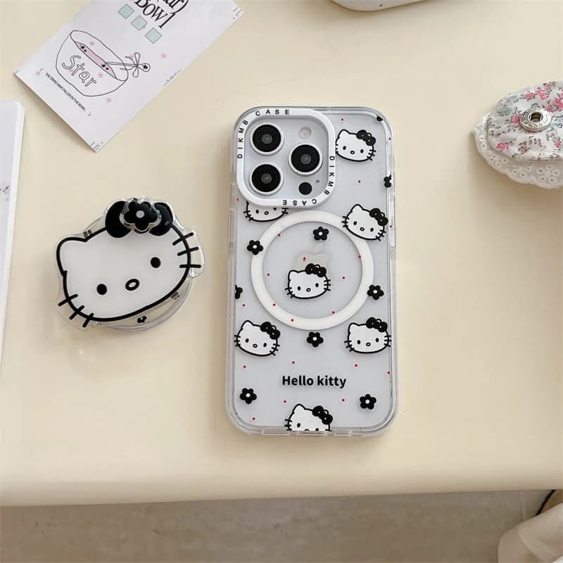 Custodia per iPhone 17 16 15 14 13 Pro Max con supporto magnetico e ricarica wireless MagSafe, design simpatico Sanrio Hello Kitty, cover rigida