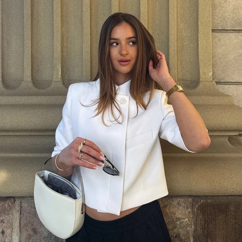 Blazer Bianco da Donna, Giacca Aderente a Maniche Corte, Giacca Corta Casual Elegante, Gilet Estivo Chic Femminile