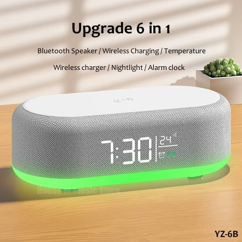 Altoparlante Bluetooth multifunzione portatile Luce notturna Telefono cellulare Qi 15W Stazione di ricarica rapida Caricatore wireless con sveglia