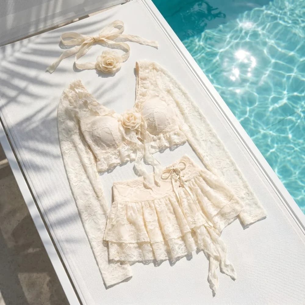 Costume da bagno a maniche lunghe con volant in pizzo, abbigliamento da spiaggia floreale, costume da bagno da donna con volant, bikini stile gonna, protezione solare