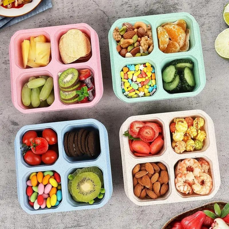 4 Compartments Bento Snack Box Reusable Meal Prep Lunch Containers Divided Food Storage for School Work Travel