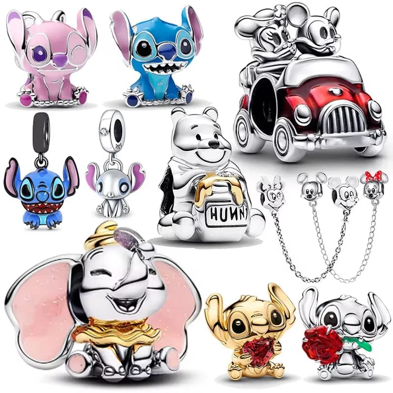 Ciondoli e Perline in Argento 925 Dumbo Mickey Minnie, Auto da Viaggio, Catena di Sicurezza, Panda, Originali per Zaini, Bracciali da Donna, Ciondoli Fai da Te, Regali