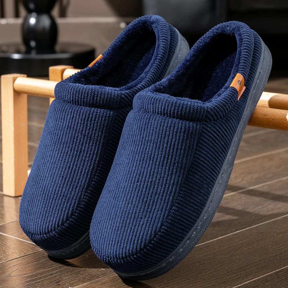 Men's Warm Winter Slippers Memory Foam Soft and comfortable non-slip home shoes for interior, with TPR design in ribbed velvet