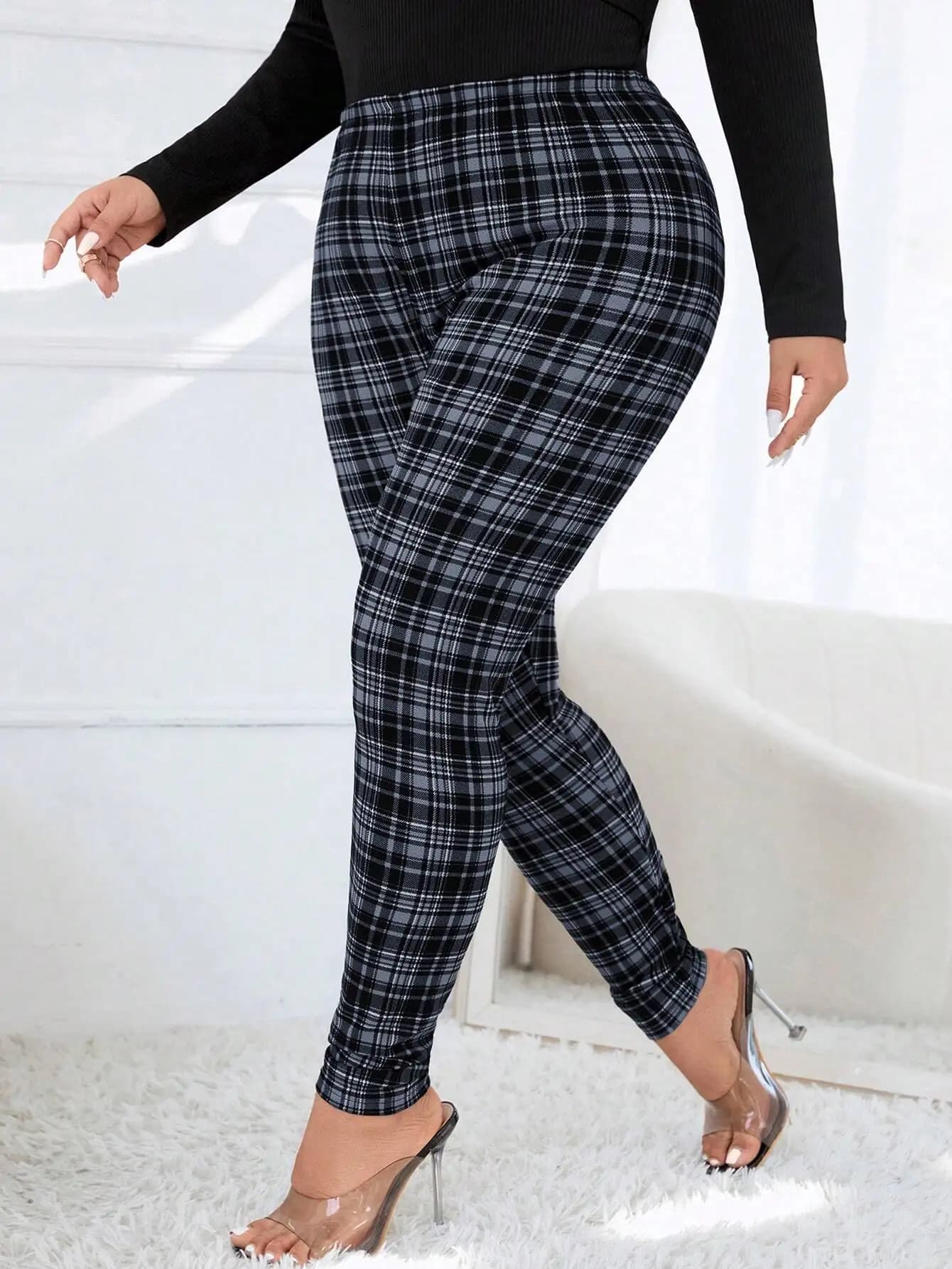 Leggings skinny elasticizzati a quadretti da donna taglie forti