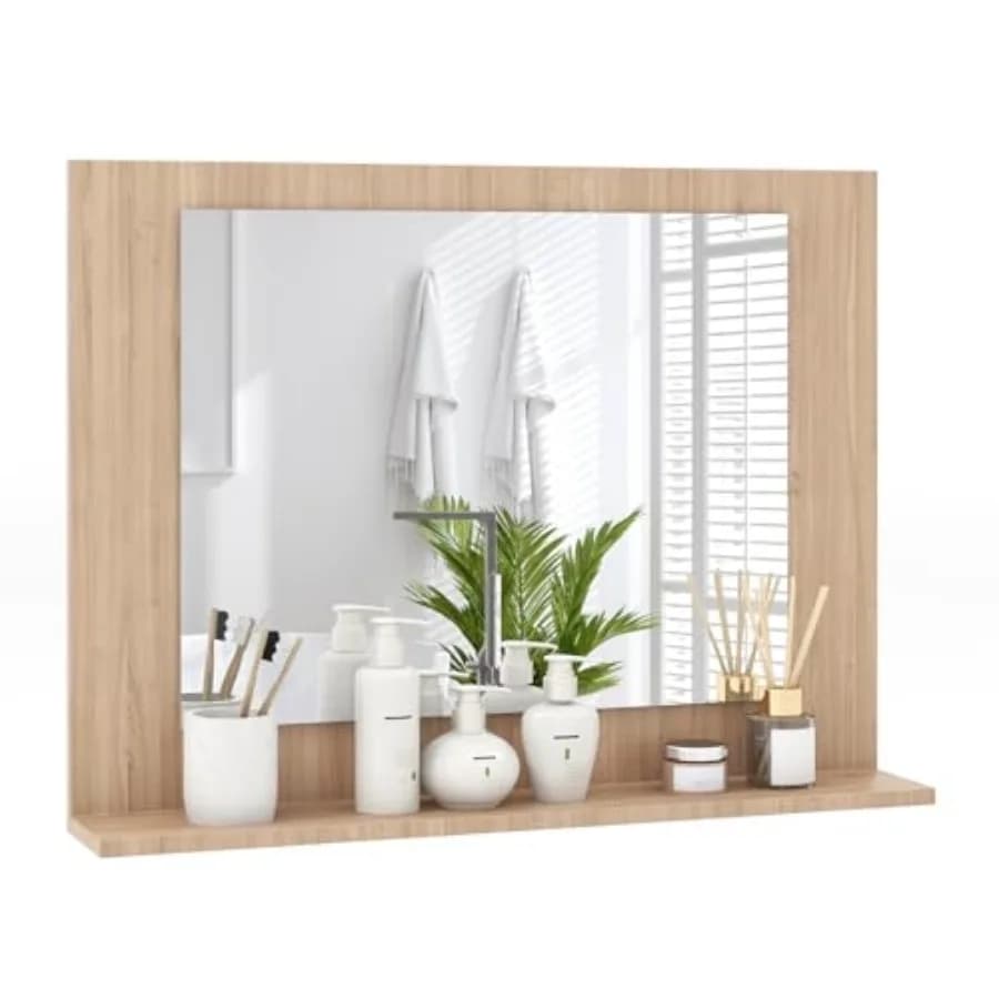 Specchio da Bagno con Mensola 23.5" x 17.5" Rettangolare con Cornice in Legno, Specchio da Parete Moderno per Sopra il Lavabo