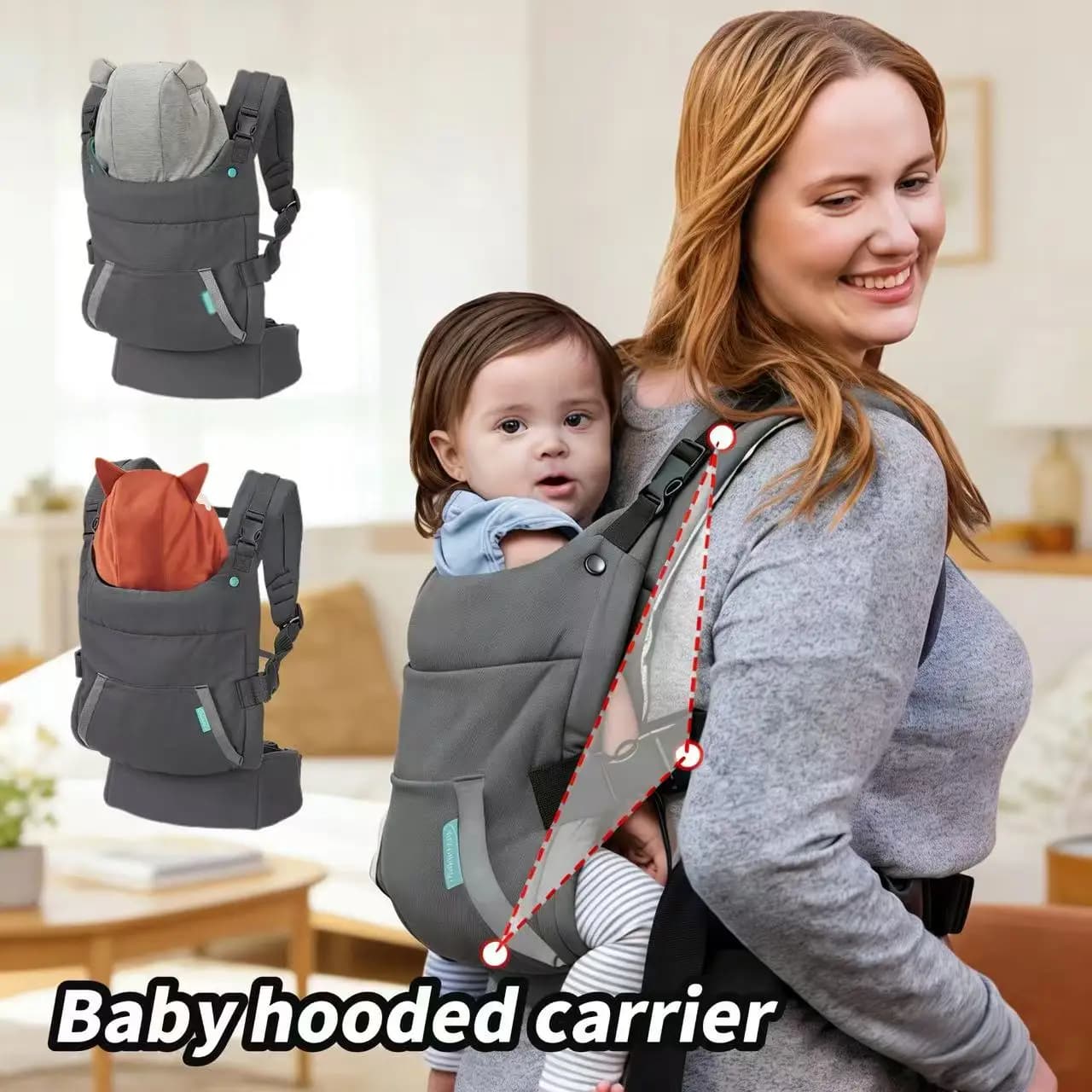 Marsupio 4-in-1 con seduta frontale integrata, marsupio ergonomico regolabile, cappuccio staccabile, materiale in morbido poliestere, un must per portare fuori il tuo bambino