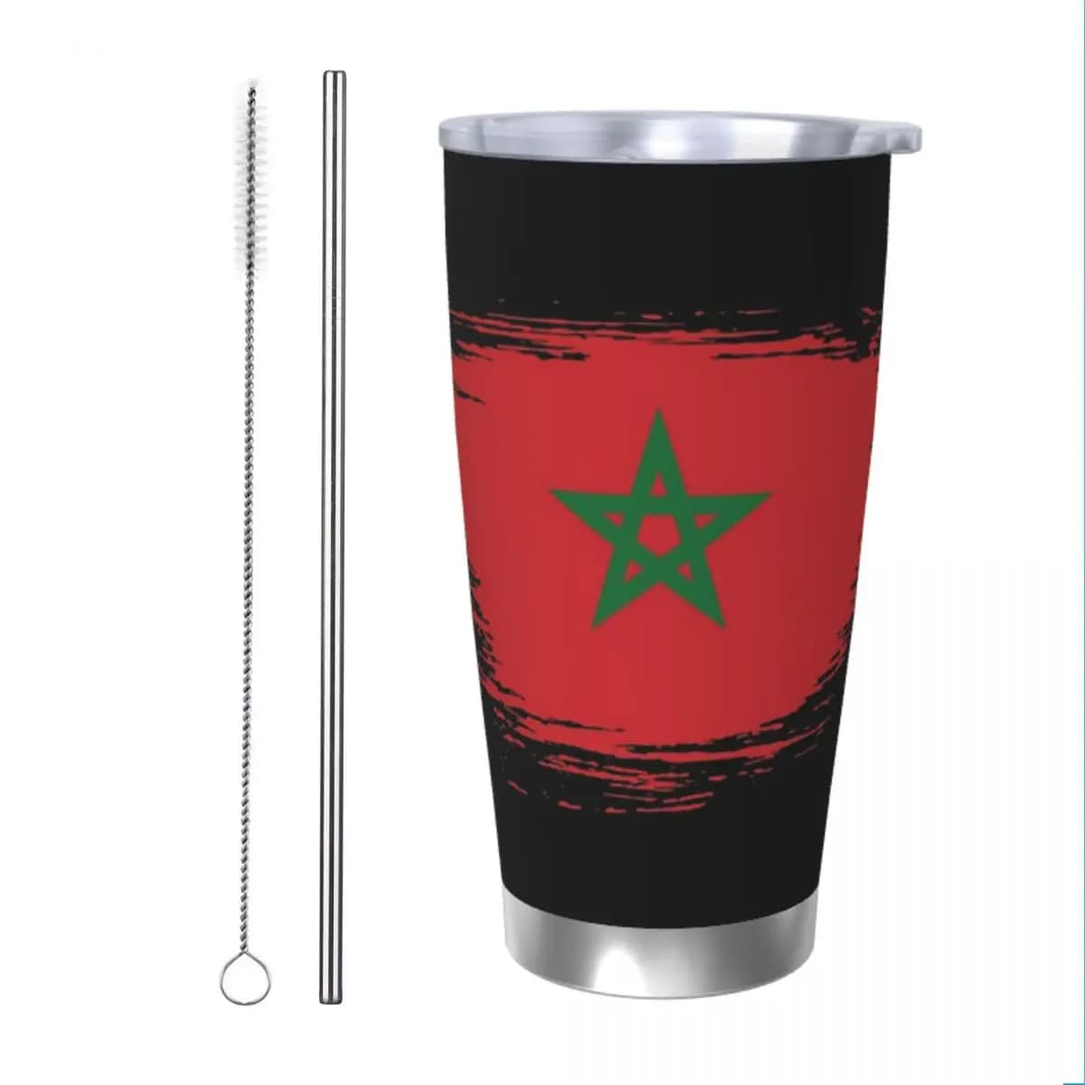 Tazza termica con bandiera marocchina isolata sottovuoto in marocco con coperchio tazza per auto in paglia a prova di fuoriuscita, 20oz