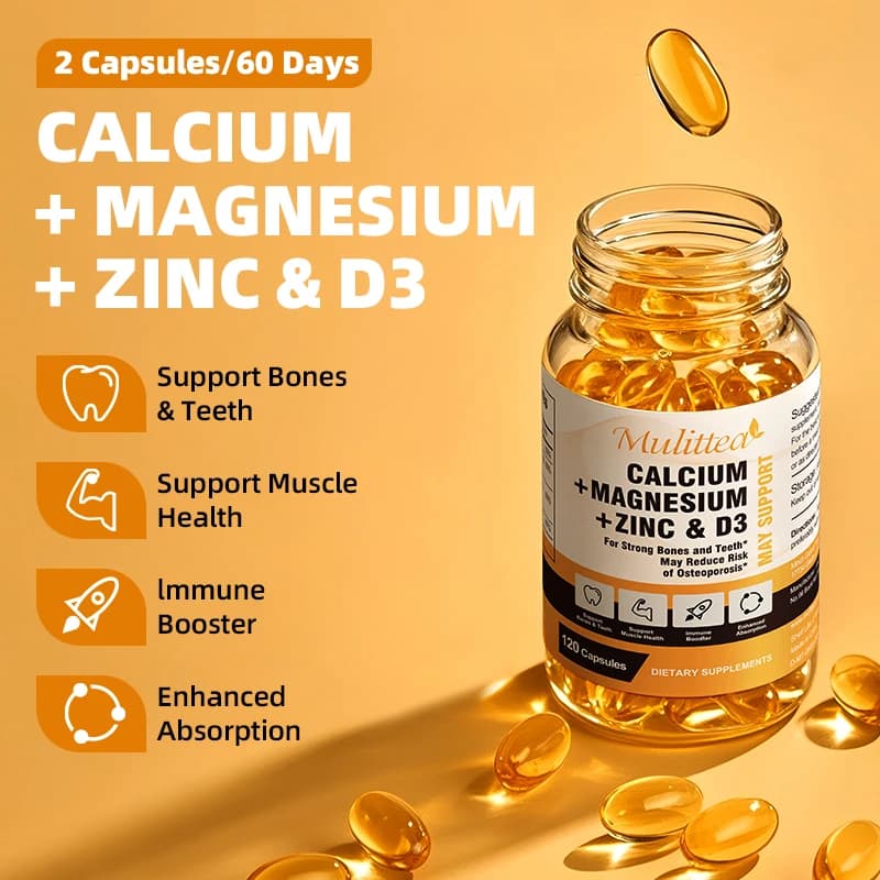 Calcium and magnesium zinc capsules Mulittea with nutritional supplement of vitamin D3 for bones and strong teeth | Heart, nerve