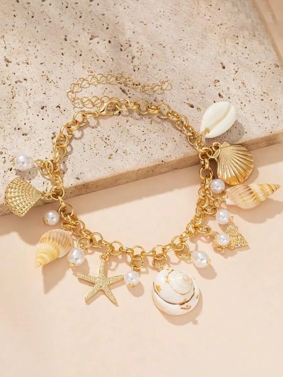 Ocean Style Starfish Seashell Pearl Charm Bracelet For Women Beach Party Wear