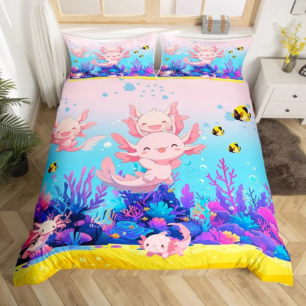 Cartoon Axolotl Copripiumino Queen Twin Size Salamander Set di biancheria da letto per bambini Ragazzi Ragazze Kawaii Sealife Creature Copripiumino