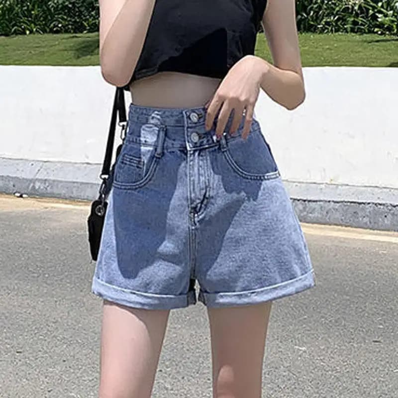 High Waist Double Buttoned A-Line Shorts Women's Denim Shorts Summer Student High Waist Slim Wide Leg Cuffed Pants Trendy Hot...