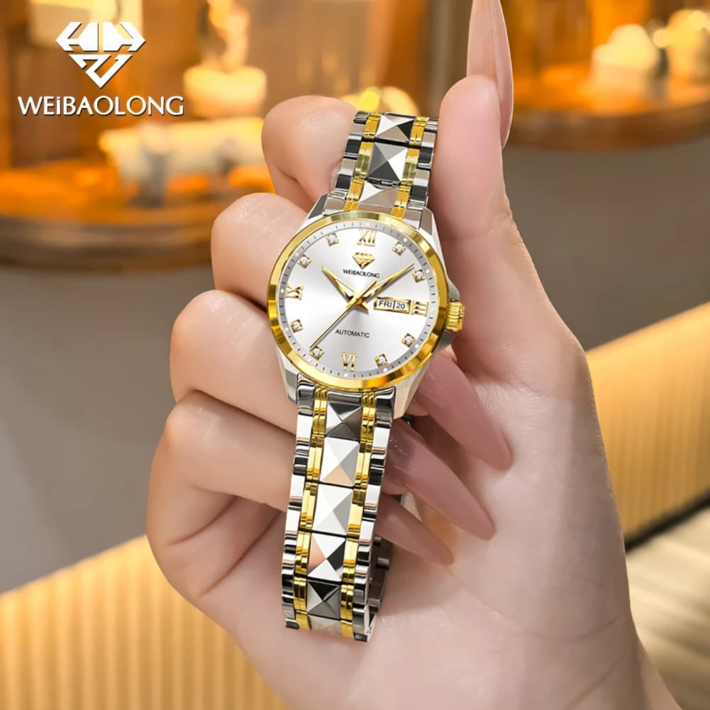WEIBAOLONG 3803 Orologio da donna con vero diamante Orologi di lusso per donna Orologio meccanico automatico da donna con doppio calendario