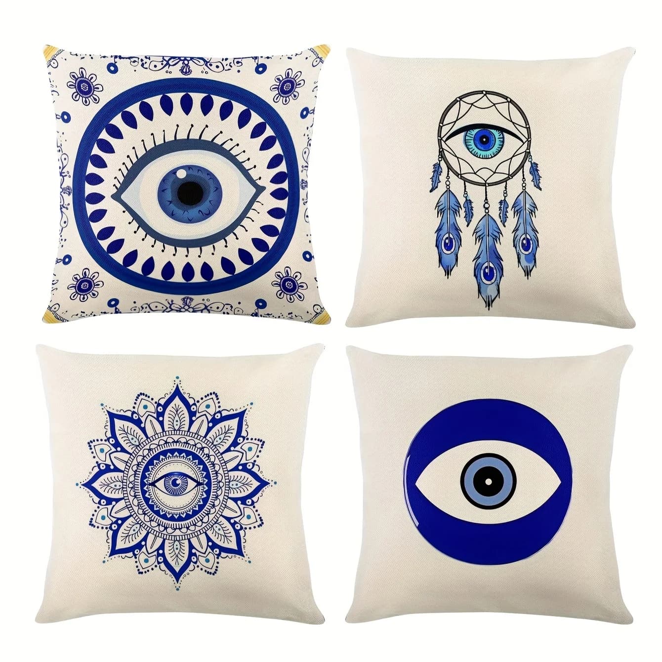 4Pcs Spiritual Design Pillow Covers - Protective Eye & Dreamcatcher Pattern Cushion Covers for Home/Car