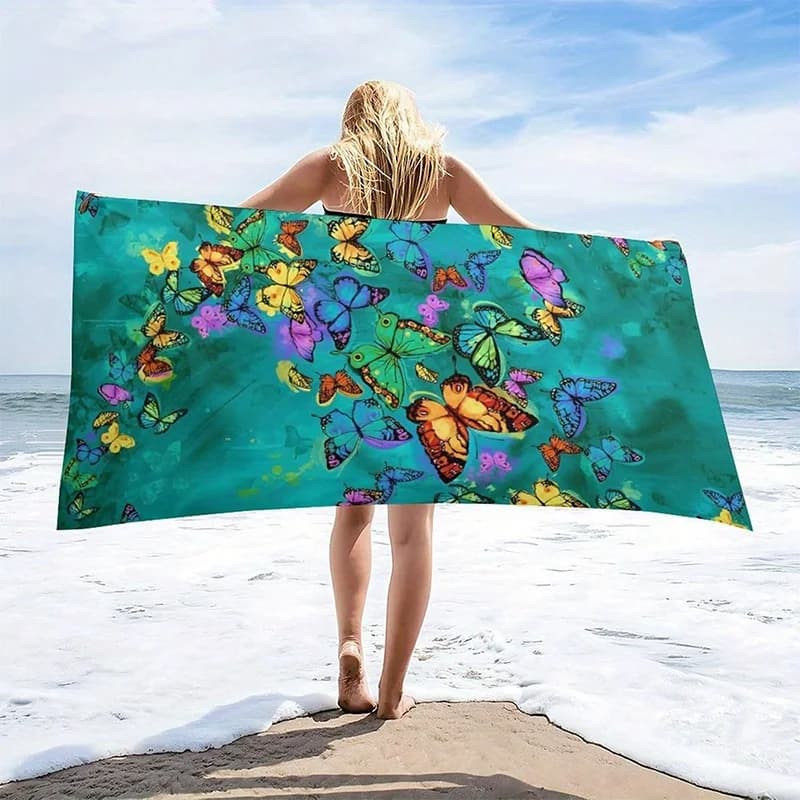 Asciugamano da spiaggia con motivo a farfalla colorata, protezione solare, antivento, adatto per piscina, campeggio, coperta da viaggio