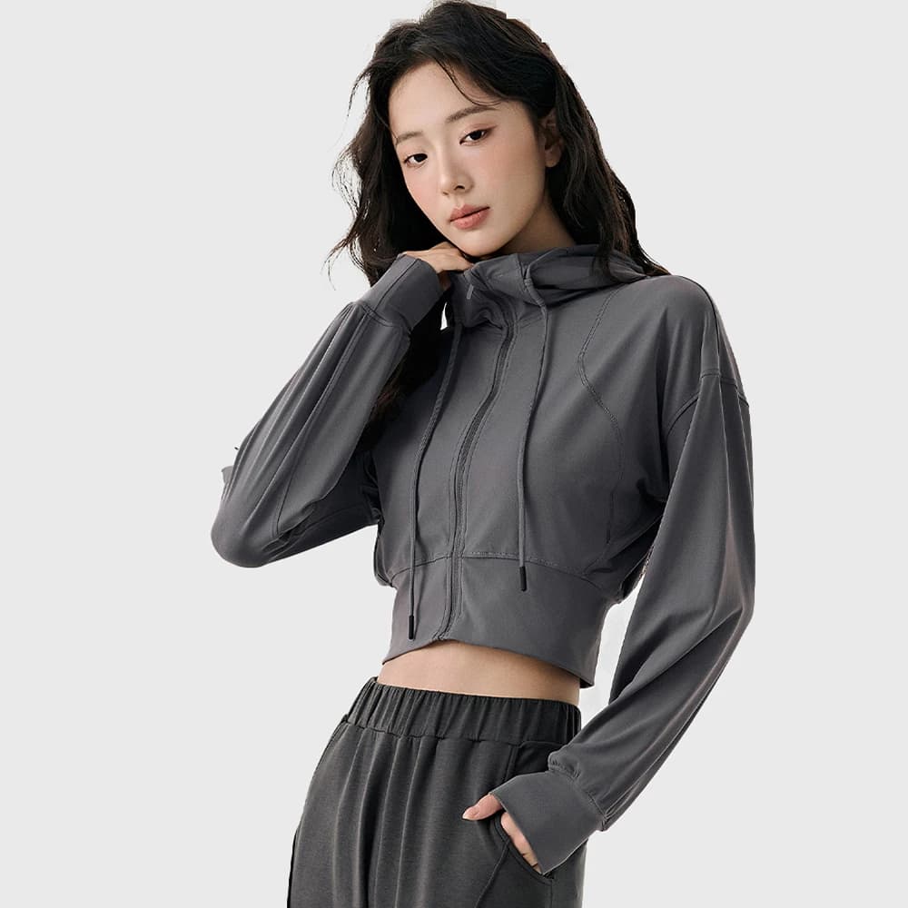 Short Jacket with Women's Hood for Yoga, Plot with Zip Lining for Pilates and Gym, Winter Short Coat for Training
