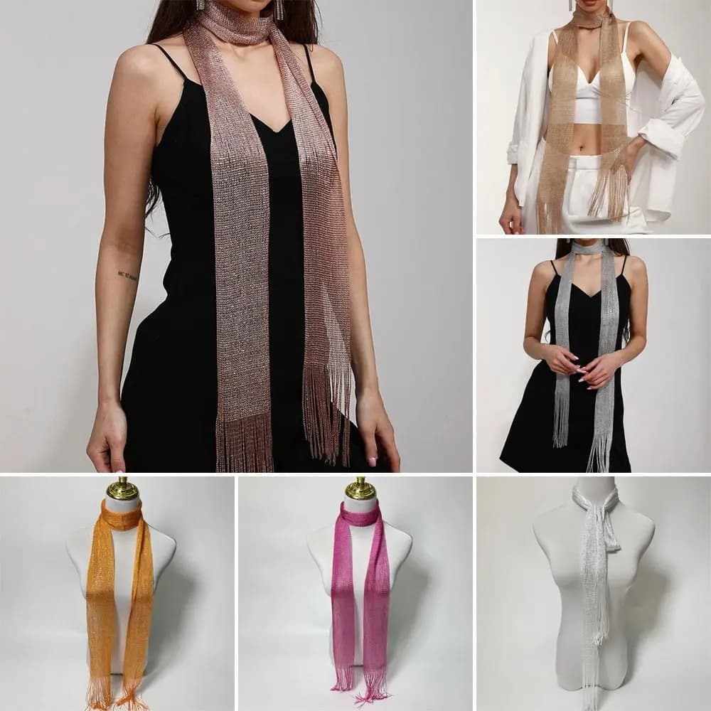 Sciarpa da sera alla moda per discoteca, in seta brillante, con nappe in pizzo, per donna, oro e argento, ideale per feste e abiti da sera