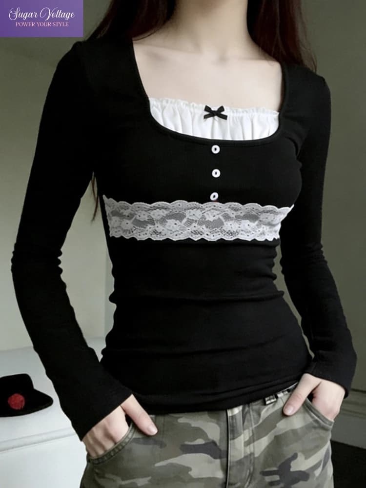 French Sweet Fake Two Piece Top Women Slim Fit Long Sleeve Square Neck Lace Bow Tee Cute Fashion Y2k Elegant Base Layer Shirt