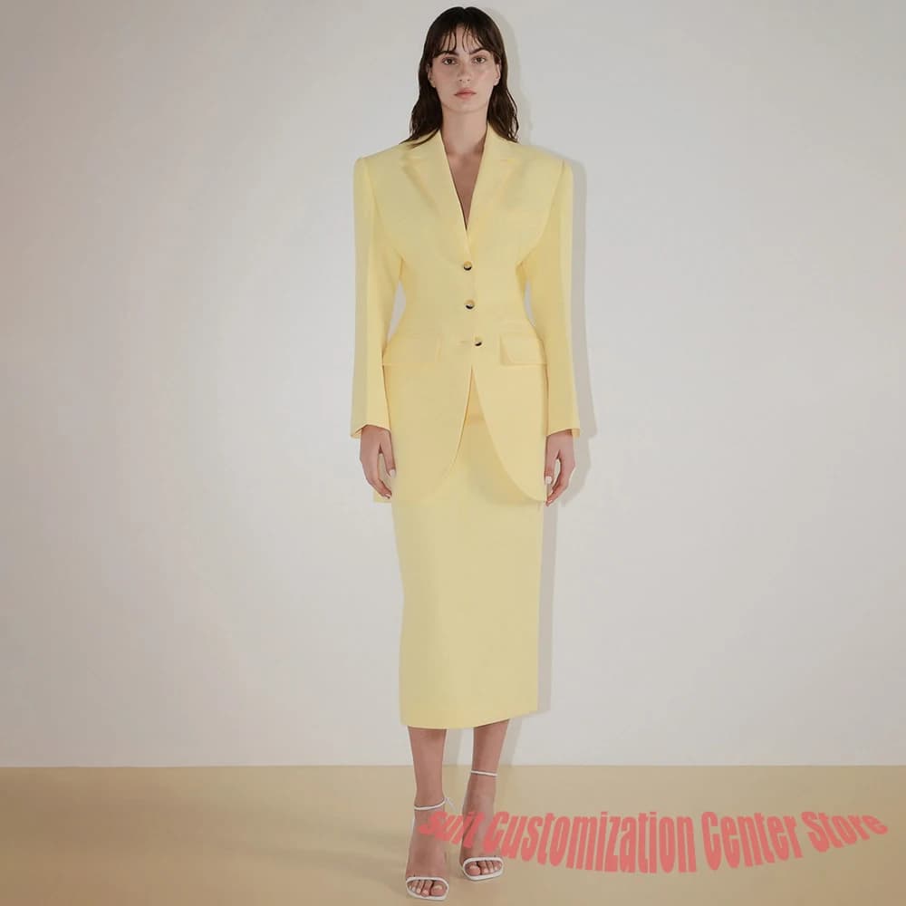 Elegant Women's Bright Yellow Clothes Stylish Formal 2Piece Jacket+Skirt Suit Set Single-Breasted Professional Business Blazer