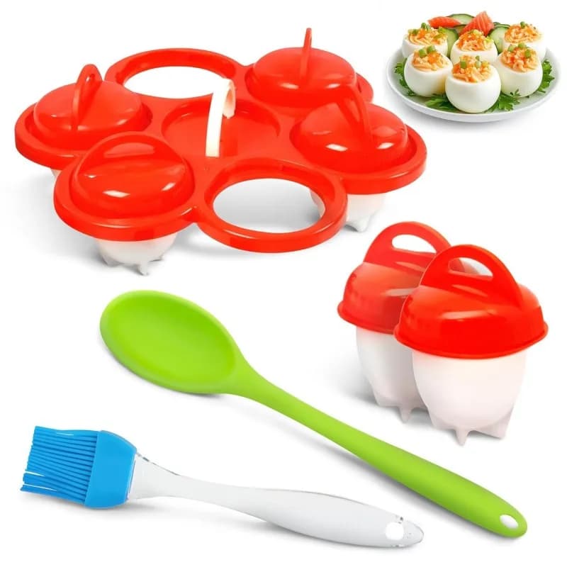 Cuociuova per 3 uova - stampo in silicone per uova bollite. Le uova sono pronte in 10-15 minuti. Set per la cottura e la conservazione di uova sbollenate senza guscio, con supporto, spazzola per la pulizia e cucchiaio. Realizzato in materiale siliconico antiaderente. Non adatto al microonde.