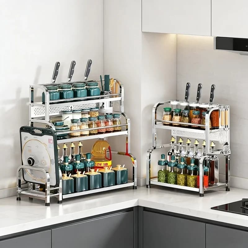 Organizzatore da Cucina a 2/3 Livelli in Acciaio Inox, Porta Spezie, Contenitore per Condimenti, Porta Coltelli e Bacchette, Uso Quotidiano Domestico