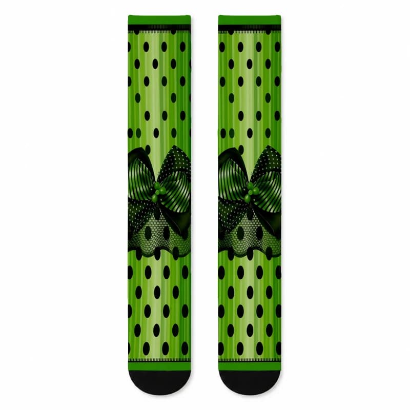 1Pair of Women'S Calf Socks with Green Polka Dots And Bow Pattern Fashionable And Elegant Design Thin