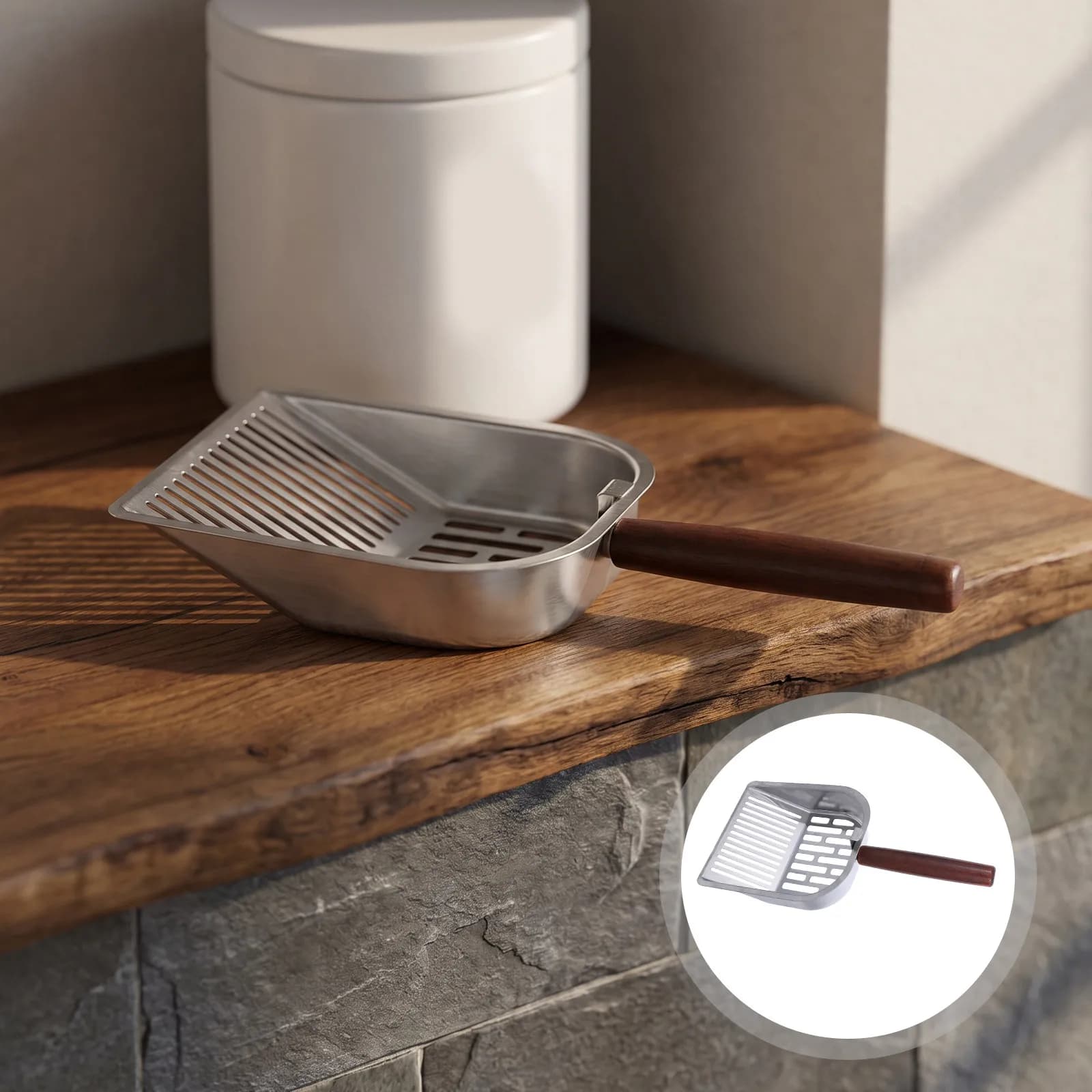 Heavy Duty Stainless Steel Cat Litter Scoop Ergonomic Wood Handle Non Stick Metal Sifter Filter for Cat Box Cleanup
