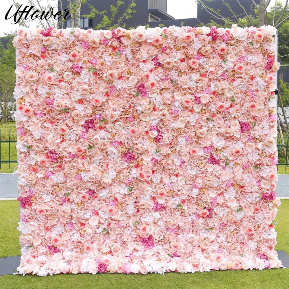 Uflower Pink Rose Hydrangea 5D Cloth Flower Wall Wedding Backdrop Fabric Hanging Curtain Floral Window Display Party Event Props