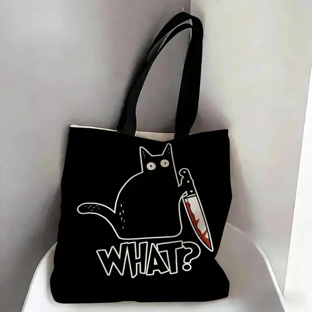 Borse portaoggetti Cat What Halloween in tela con stampa fronte-retro, borsa a tracolla alla moda, borsa shopping, regalo, borse ecologiche