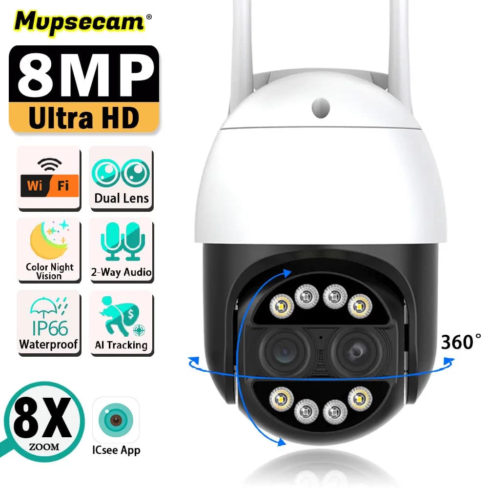Telecamera di sorveglianza WIFI 4K HD Doppia lente 8MP Zoom 8X PTZ Visione notturna a colori Audio bidirezionale Monitoraggio AI Telecamera di sicurezza domestica intelligente