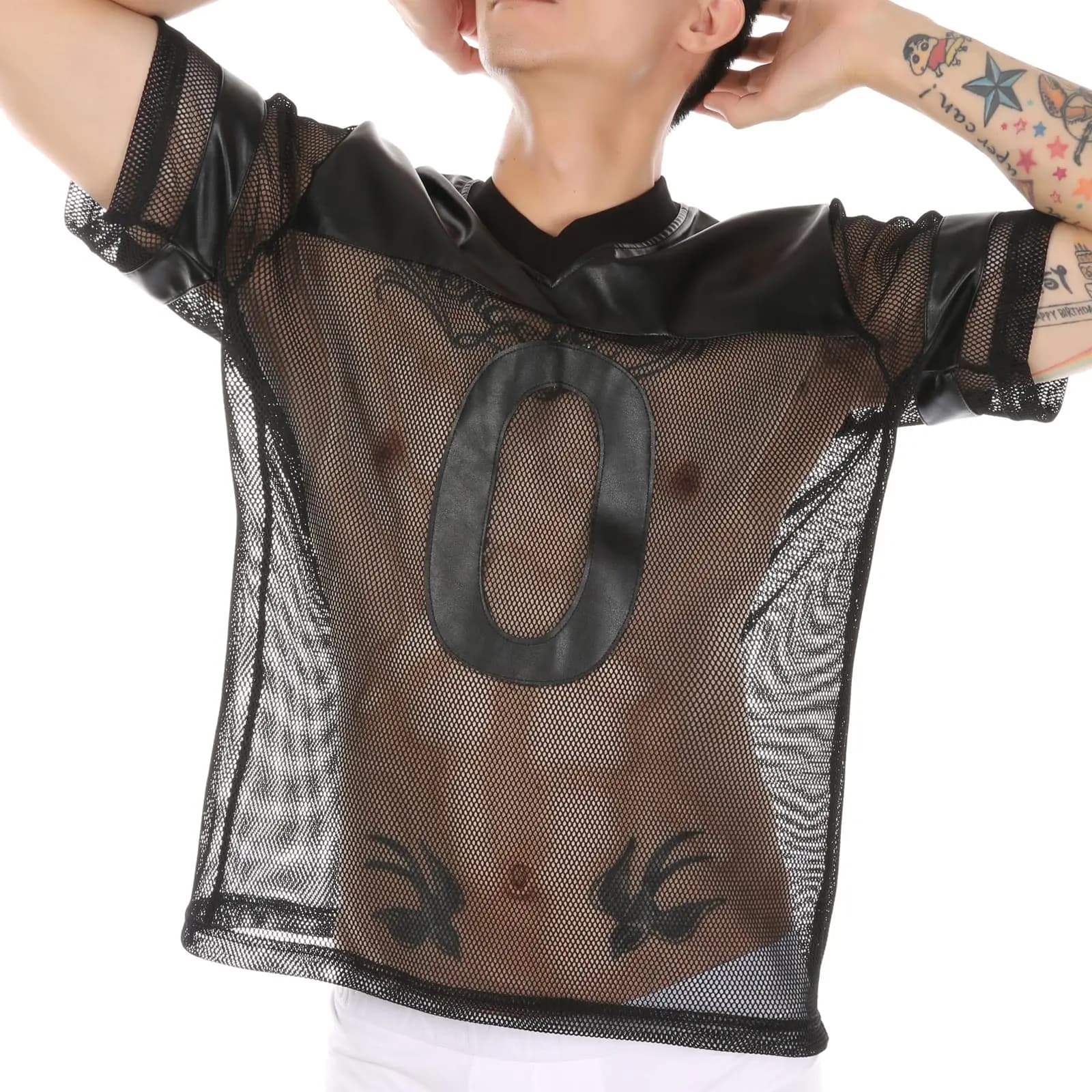 T-shirt da uomo sexy in ecopelle a rete, a maniche corte, traspirante, con scollo a V, maglia sportiva da basket