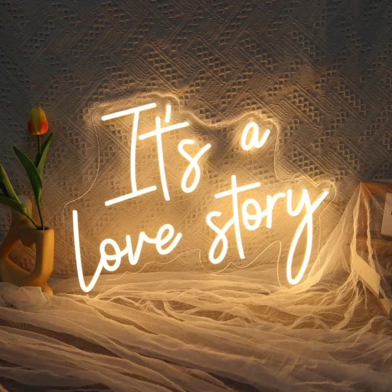 It's a Love Story Sign USB LED Insegne al neon per matrimonio, arredamento di fidanzamento, decorazione da parete per camera da letto estetica dimmerabile per feste di compleanno