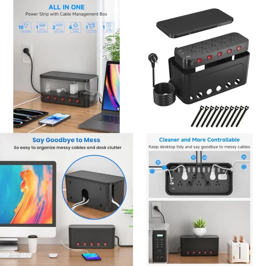 Multipresa con Scatola per Gestione Cavi, Protezione da Sovratensione, 10 Prese AC e 3 Porte USB, Cavo di Prolunga Piatto da 1,8 m, Nascondi Prese Veloce