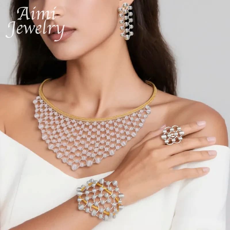 Irregular Luxury 4Pcs Jewelry Set for Women Exaggerated Choker Necklace Earring Bracelet Ring African Bridal Wedding Party Gifts