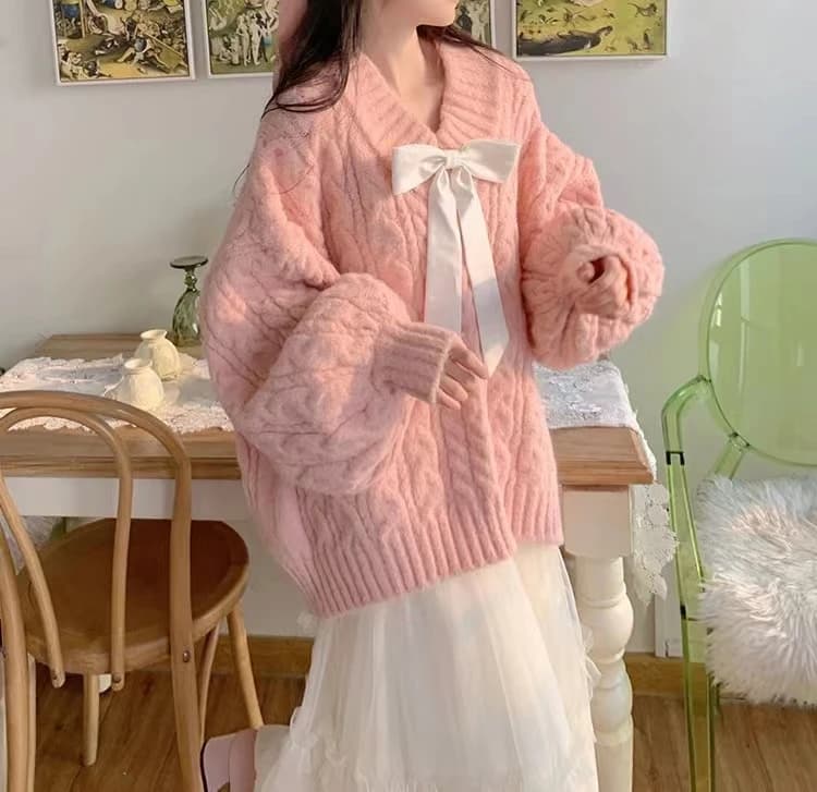 New Soft Loose Lazy Style Pink V-Neck Sweater Jacket Women's Autumn Winter High-End Knitted Shirt Warm Fluffy Long Sleeve