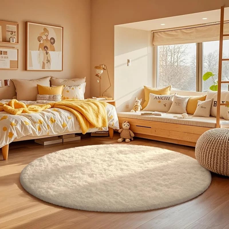 White Soft Cream Round Carpet and Soft Hoop Shaggy Area Carpet for Bedroom Living Room Children's Room Nursery Home Decoration