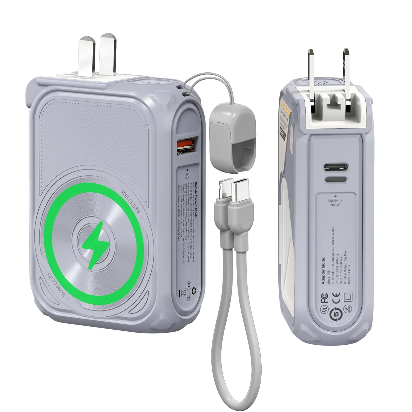 Power Bank Magnetico Wireless da 10000mAh con Ricarica Rapida PD 22.5W, Cavo Dati USB Type-C Staccabile e Supporto per Telefono, Power Bank di Emergenza