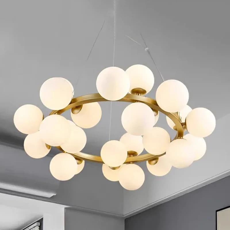 Lampade a sospensione moderne con sfera di vetro Lampadario a LED a forma di anello in ferro battuto dorato Soggiorno Camera da letto Ristorante Lampade a sospensione dell'hotel