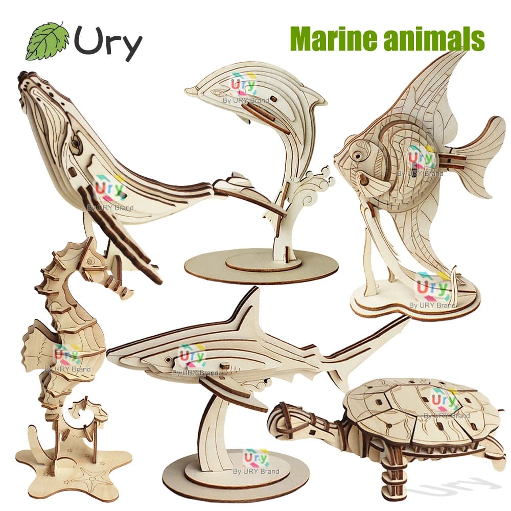 Ury 3D Puzzle di Legno 6 Animali Marini Famiglia Delfino Balena Tartaruga Marina Angelo Pesce Squalo Modello Giocattoli Educativi FAI DA TE Regali per I Bambini