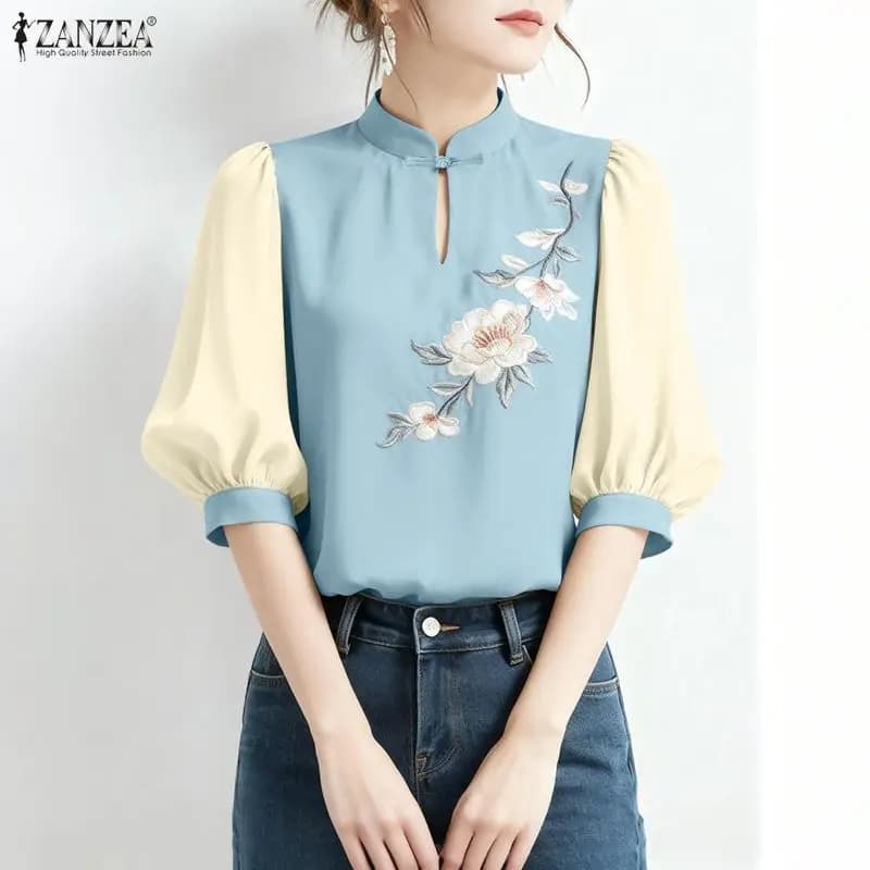 2026 ZANZEA Camicetta Estiva Elegante da Donna con Ricami Floreali, Top Elegante da Lavoro, Camicia Casual con Collo a O e Mezza Manica, Blusa Tunica Femminile