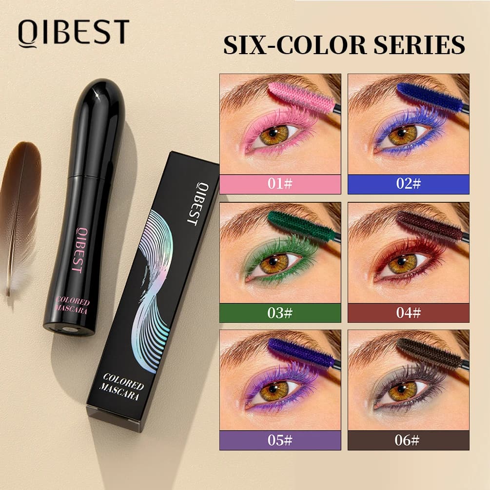 QIBEST Colorful Mascara Quick Drying Waterproof for Extension and Curve of Purple Green Blue Red