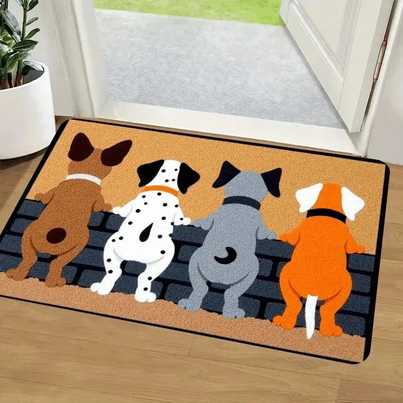 VIKAMA Tappeto Divertente con Famiglia di Cani, Cuccioli Carini Vista da Dietro, Antiscivolo e Lavabile per Porta d'Ingresso, Ingresso, Regalo per Proprietari di Cani