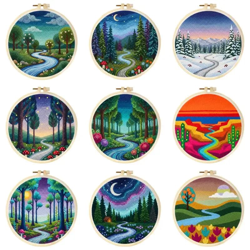 Punch Needle Embroidery Kits For Adults Beginner Scenery Pattern DIY Craft Yarns Embroidery Frame Cross Stitch Home Decor