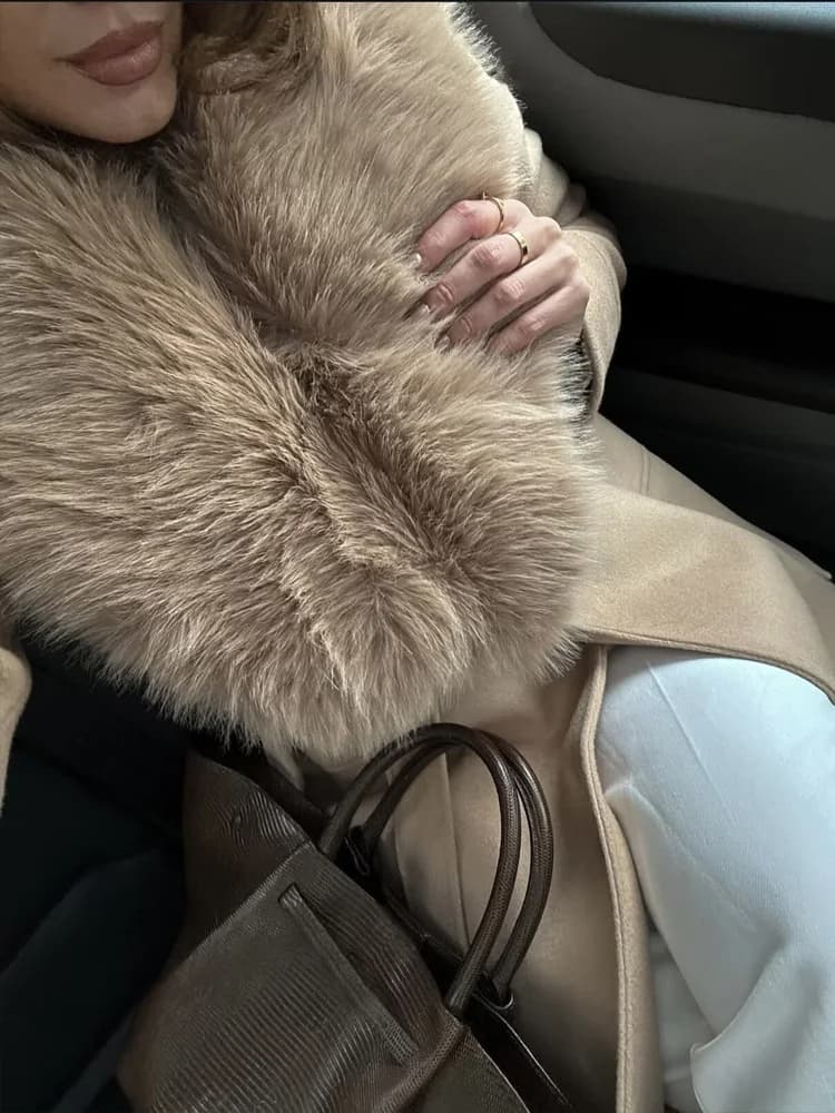 HH Women's 2025 Autumn Winter New Large Wool Collar Long Woolen Jacket Female Chic Elegant Double Pocket Casual Lace-up Coat
